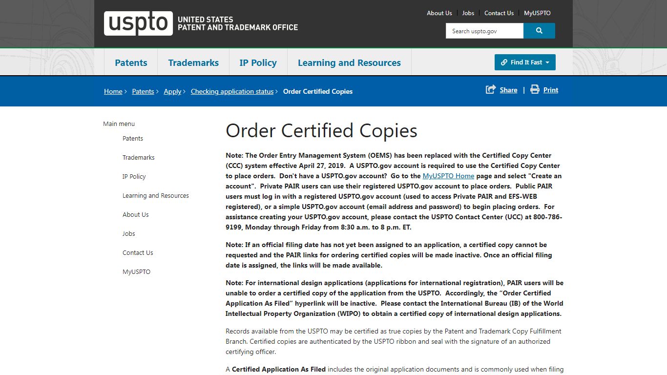 Order Certified Copies | USPTO